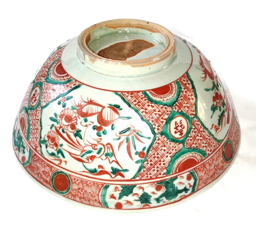 陶器 大深鉢 赤絵 福・壽・禄 Ab-168