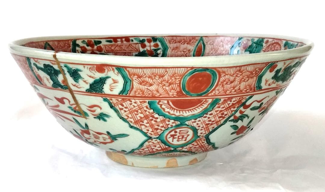 陶器 大深鉢 赤絵 福・壽・禄 Ab-168