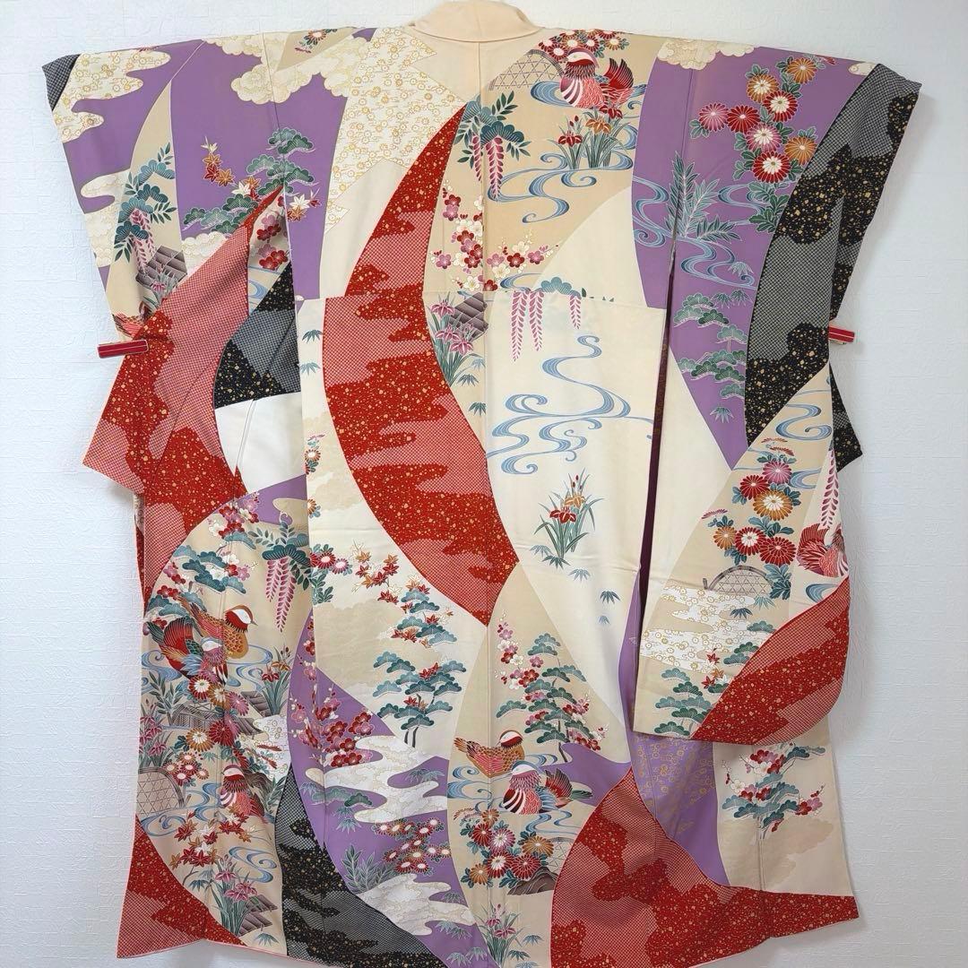 499 振袖フルセット 正絹 紫 赤 ベージュ 黒 金彩 駒刺繍 レトロ 鴛鴦