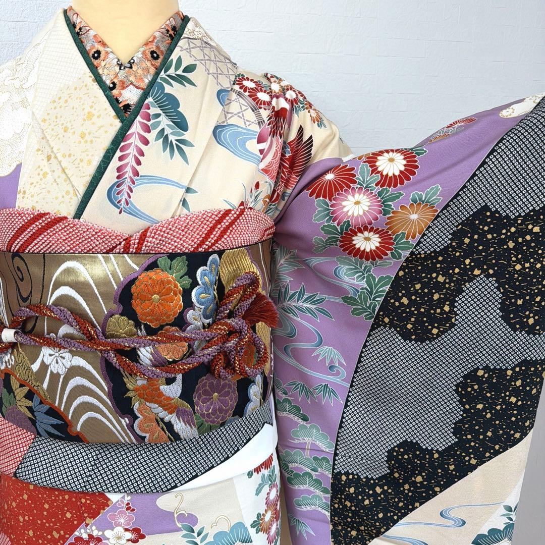 499 振袖フルセット 正絹 紫 赤 ベージュ 黒 金彩 駒刺繍 レトロ 鴛鴦