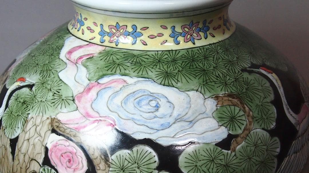 【時代の美品】中国古玩 大清同治年製 花瓶 一対/2個 雲松鶴図 壺/つぼ/花器