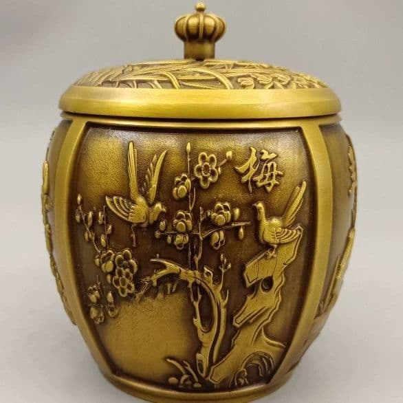 銅製 梅蘭竹菊銅缶 茶壺 茶道具 香道具 博古架 装飾品 工芸品 置物