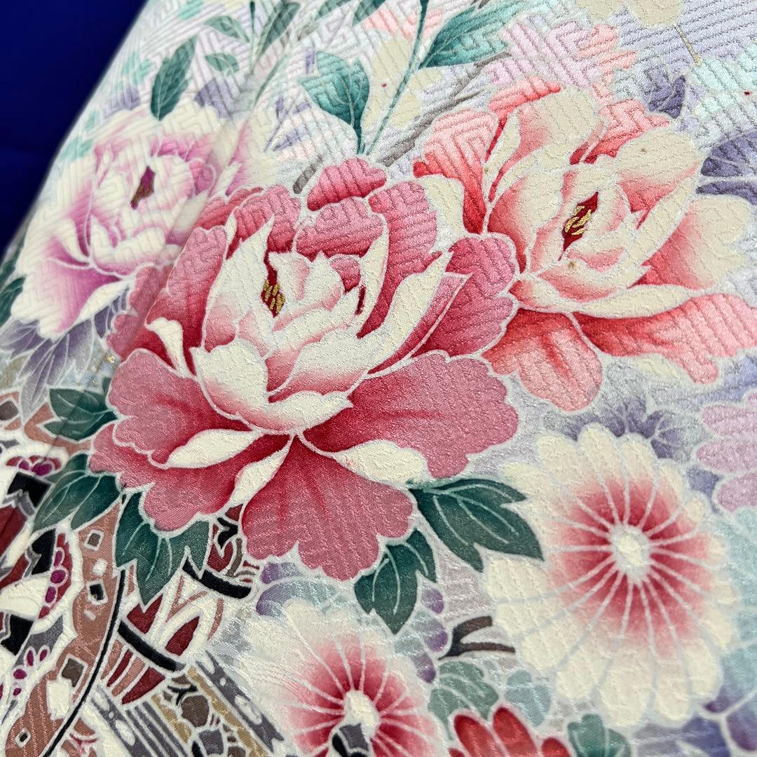 456 振袖フルセット 正絹 紺 青 ブルー ピンク 桃 金彩 暈し染め 華やか