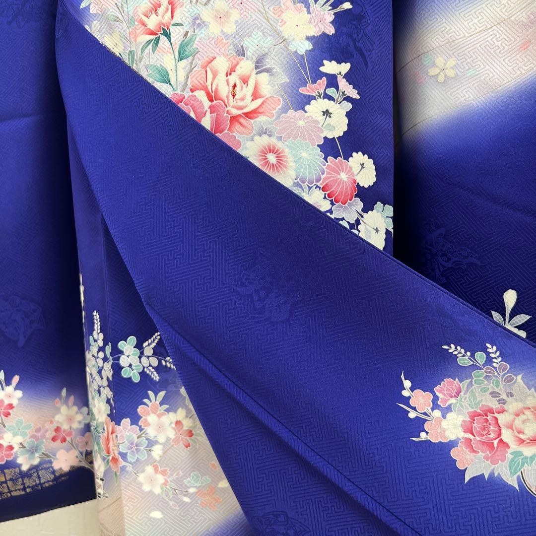 456 振袖フルセット 正絹 紺 青 ブルー ピンク 桃 金彩 暈し染め 華やか