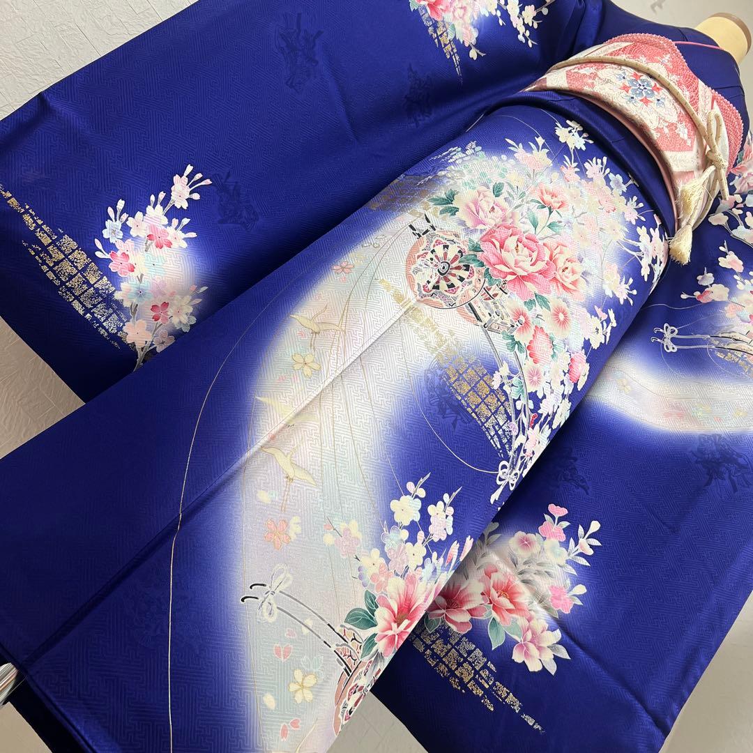 456 振袖フルセット 正絹 紺 青 ブルー ピンク 桃 金彩 暈し染め 華やか