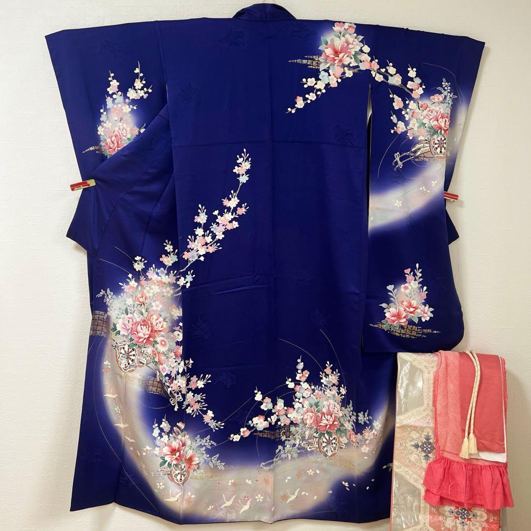 456 振袖フルセット 正絹 紺 青 ブルー ピンク 桃 金彩 暈し染め 華やか