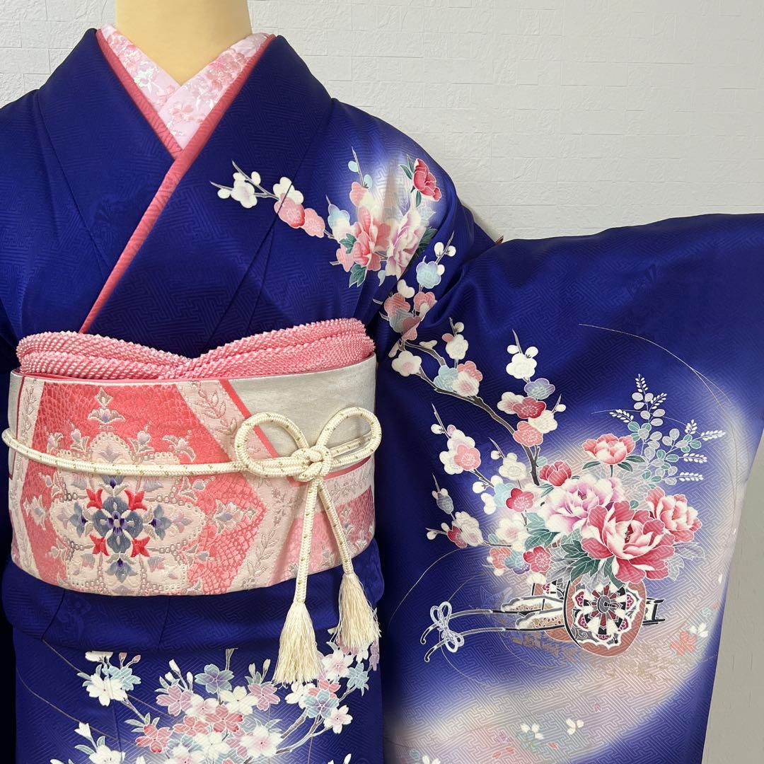 456 振袖フルセット 正絹 紺 青 ブルー ピンク 桃 金彩 暈し染め 華やか