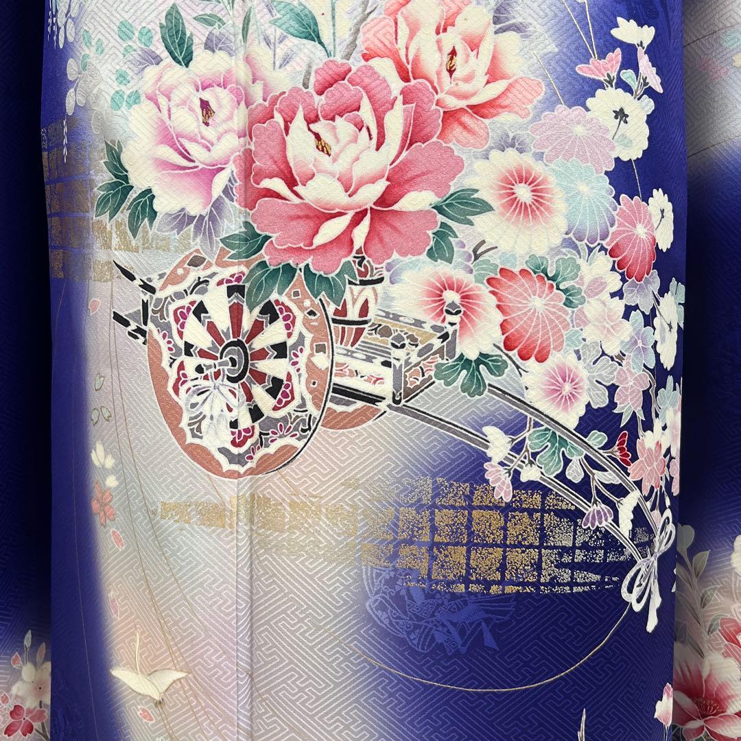 456 振袖フルセット 正絹 紺 青 ブルー ピンク 桃 金彩 暈し染め 華やか