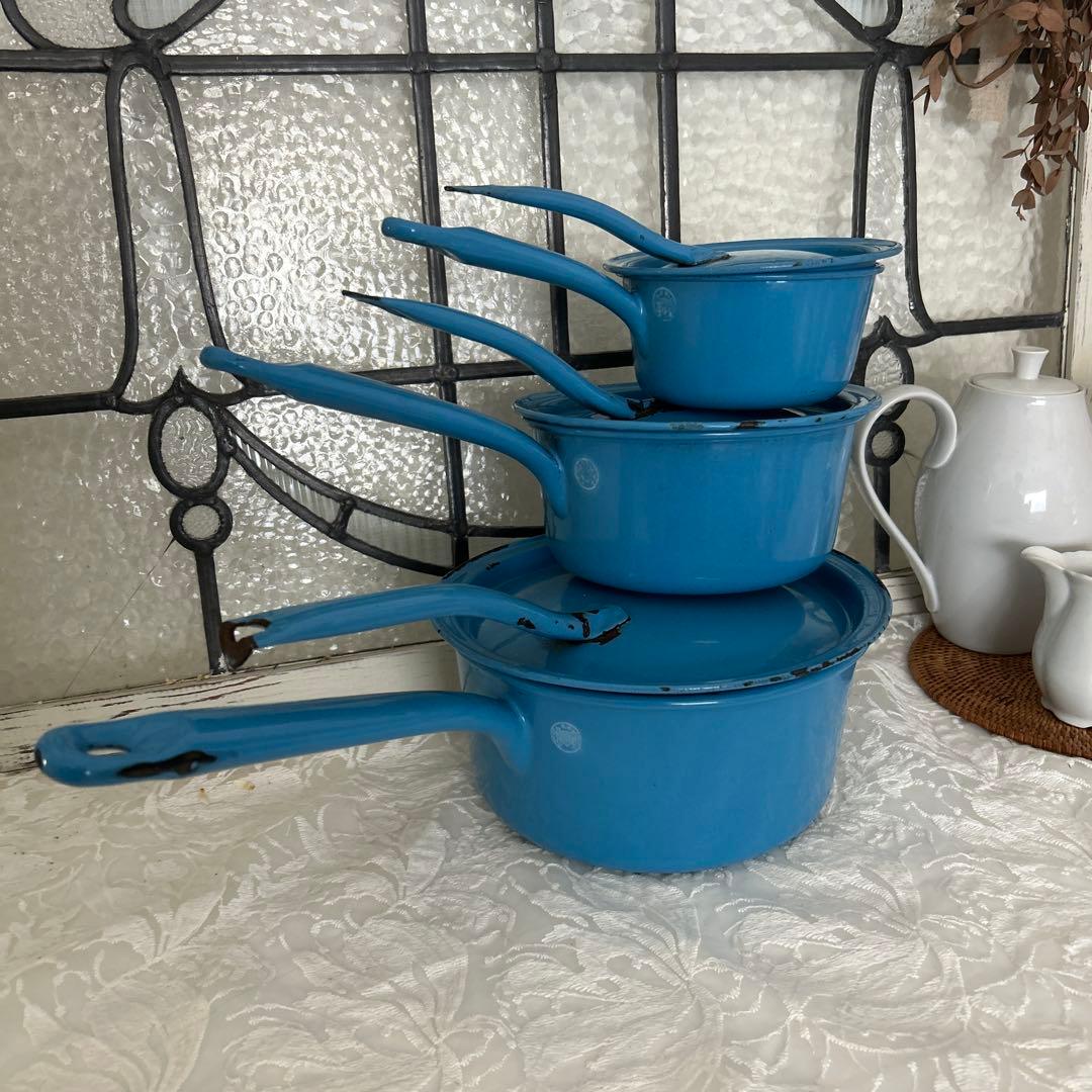 フランスアンティーク ホーロー ミルクパン ソースパン 片手鍋 蓋付 3点セット