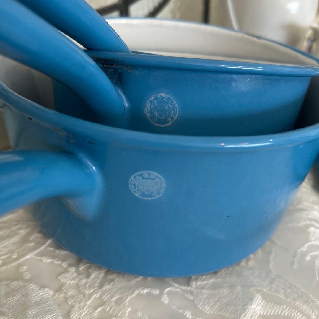 フランスアンティーク ホーロー ミルクパン ソースパン 片手鍋 蓋付 3点セット