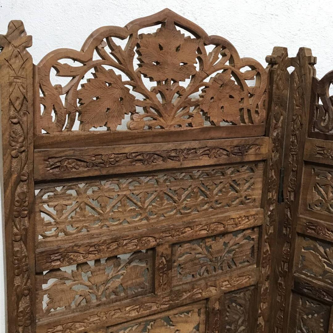 アジアン家具 4連パーテーション 透かし彫り 衝立 間仕切り 彫刻