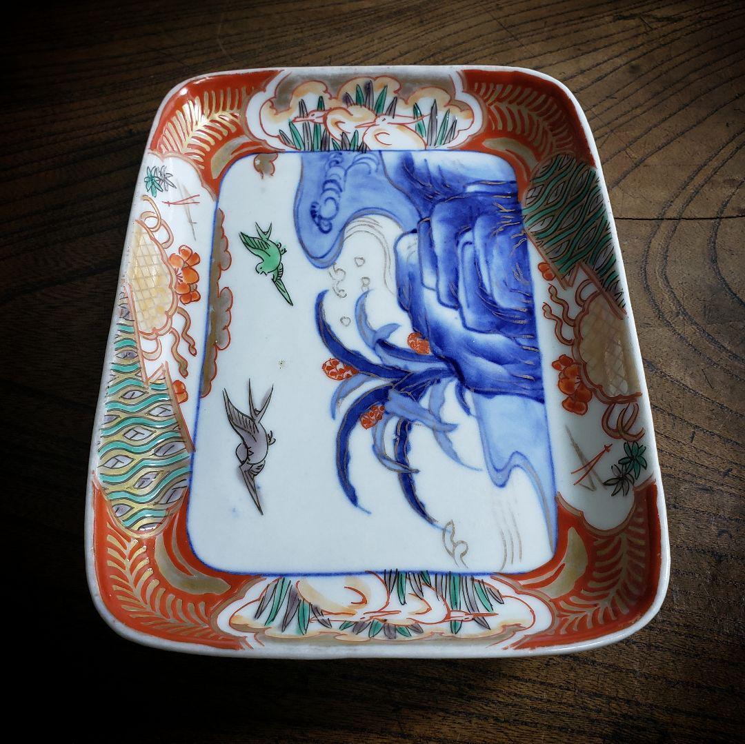 角皿 変形皿 色絵付 金彩 鳥 燕 鷺 波 自然風景 おもと 植物 古伊万里