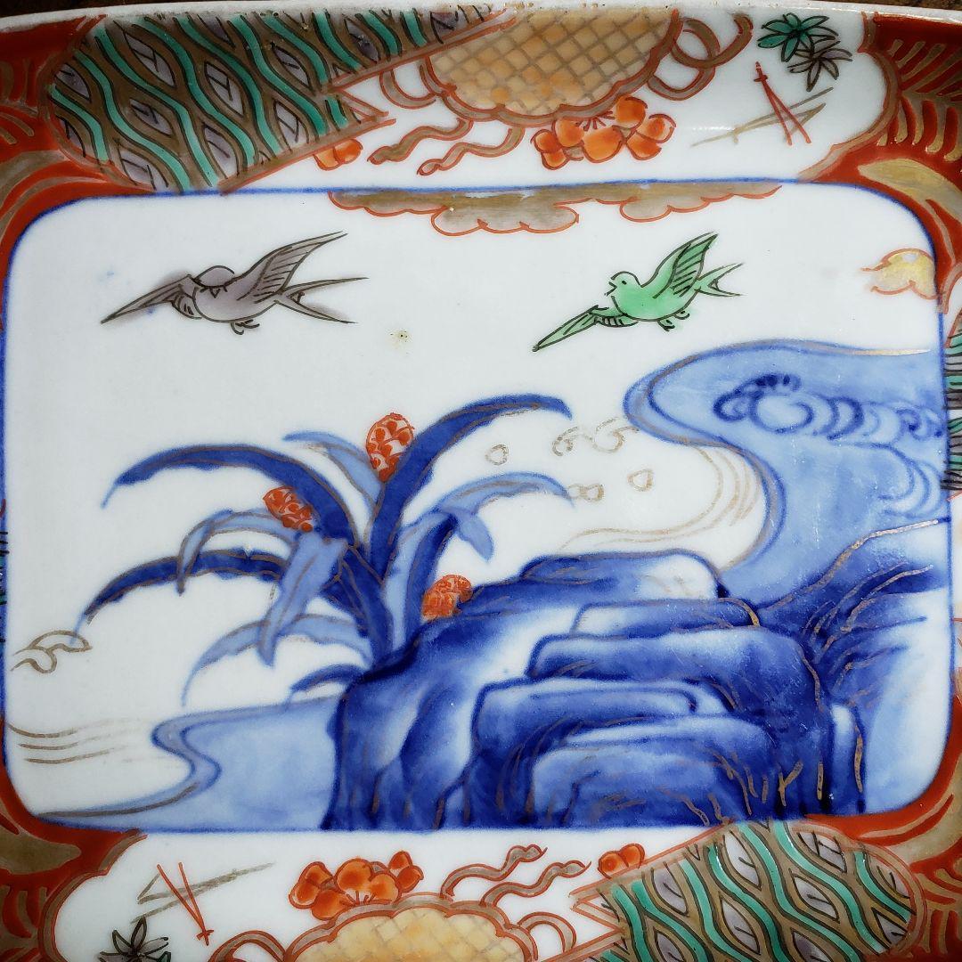 角皿 変形皿 色絵付 金彩 鳥 燕 鷺 波 自然風景 おもと 植物 古伊万里