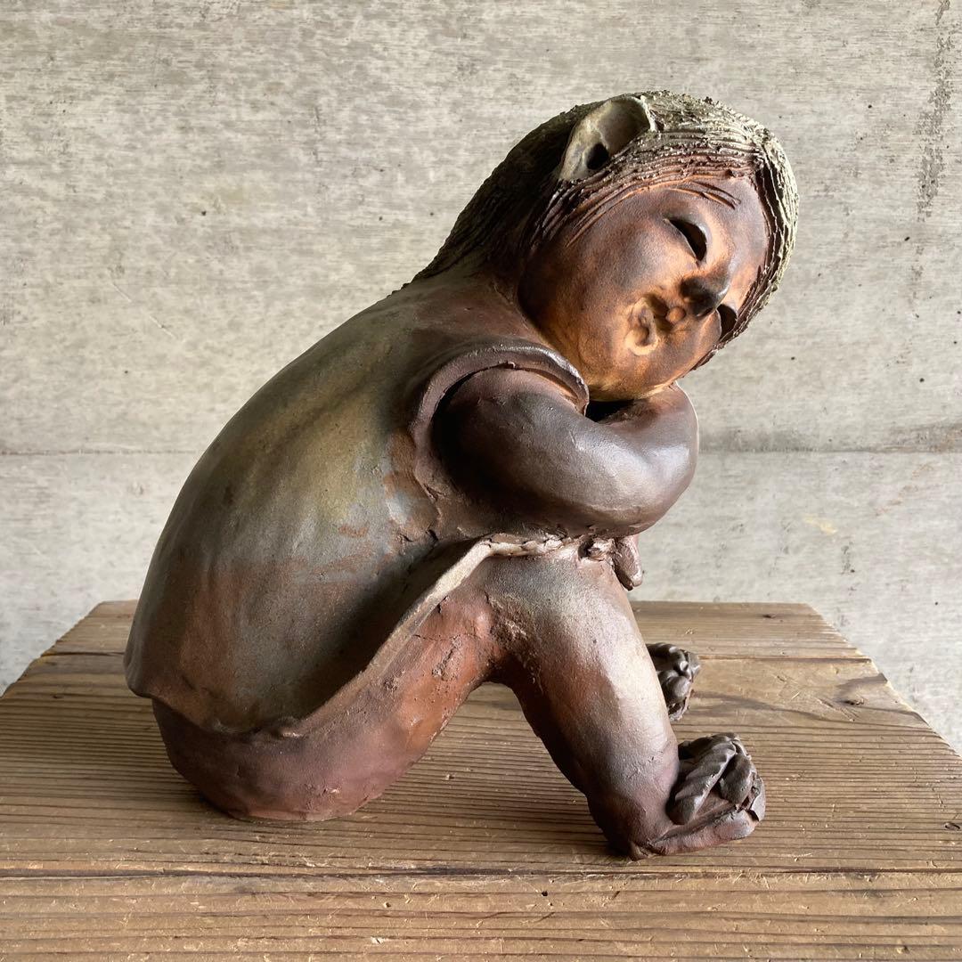 わらべ 童子 子供 像 陶器 彫刻 置物 工芸品 陶芸 和風 オブジェ レトロ