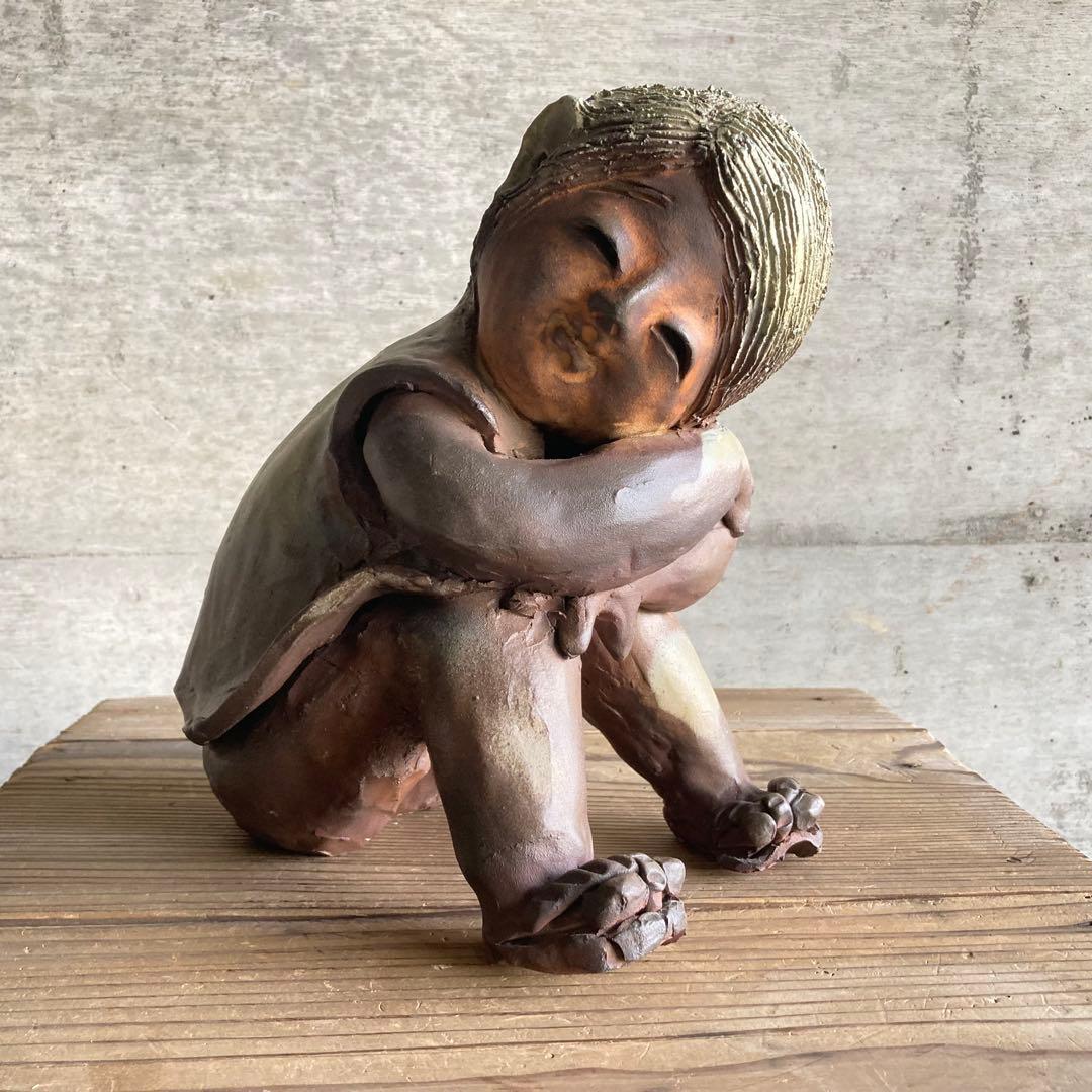 わらべ 童子 子供 像 陶器 彫刻 置物 工芸品 陶芸 和風 オブジェ レトロ