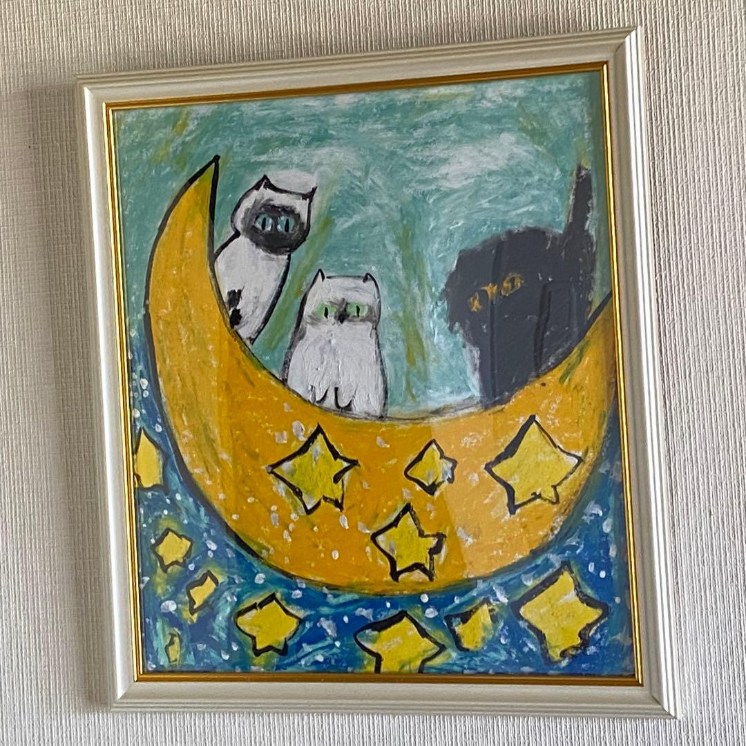 絵画 。壁掛け絵【かわいい猫たちが月亮船に乗って世界を旅する】