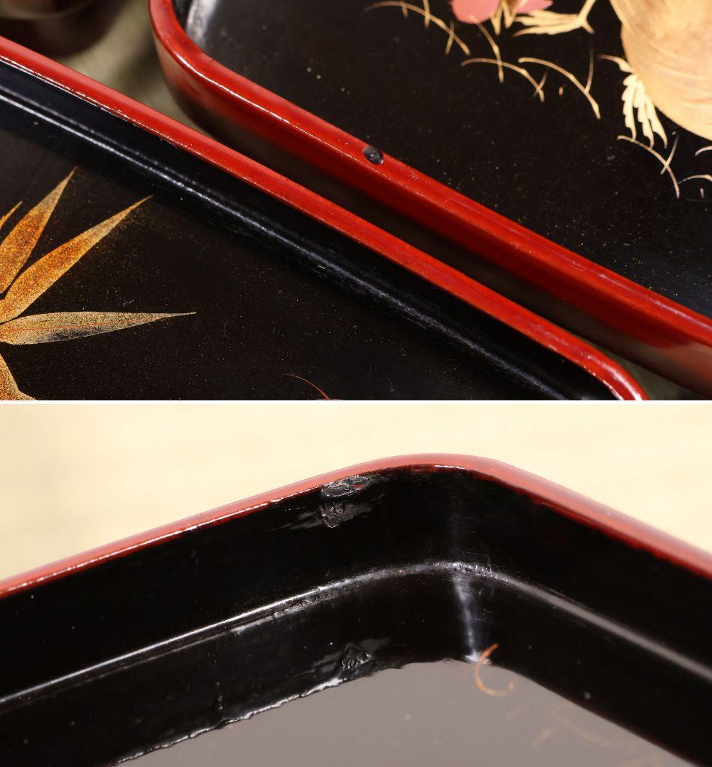 木製漆器 竹鶏蒔絵 吸物膳 五客 溜塗 黒塗 足付 四方膳 茶懐石 CM386