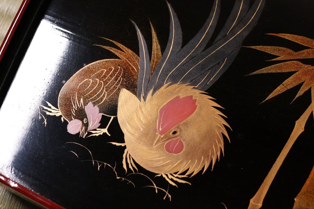 木製漆器 竹鶏蒔絵 吸物膳 五客 溜塗 黒塗 足付 四方膳 茶懐石 CM386