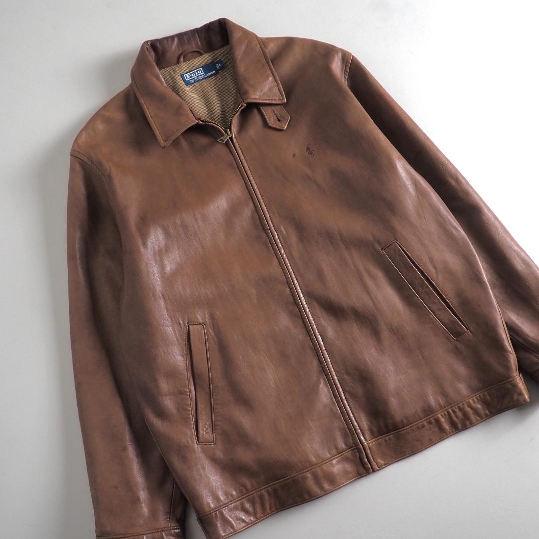 ラルフローレン　羊皮　レザージャケット　ブラウン　裏地チェック