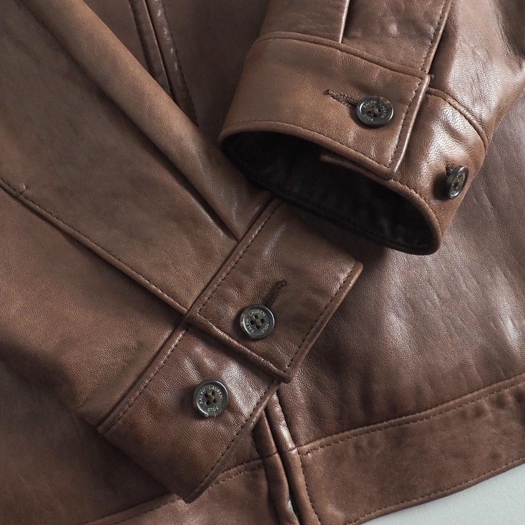 ラルフローレン　羊皮　レザージャケット　ブラウン　裏地チェック