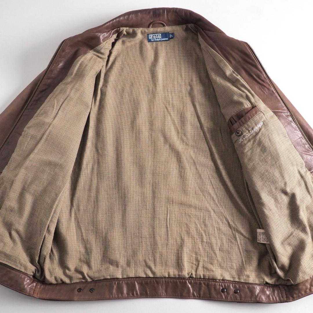 ラルフローレン　羊皮　レザージャケット　ブラウン　裏地チェック