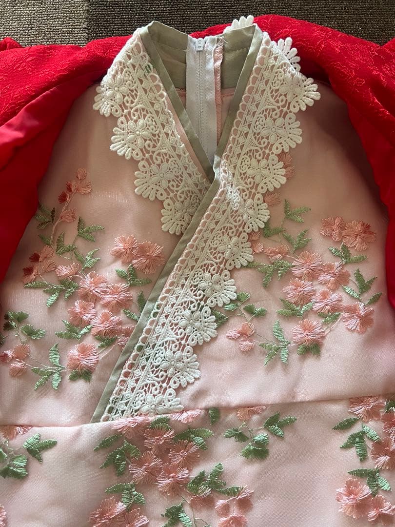 七五三用衣装と靴 ピンクでお花柄刺繍キャサリンコテージ　100センチ　つけ毛付き