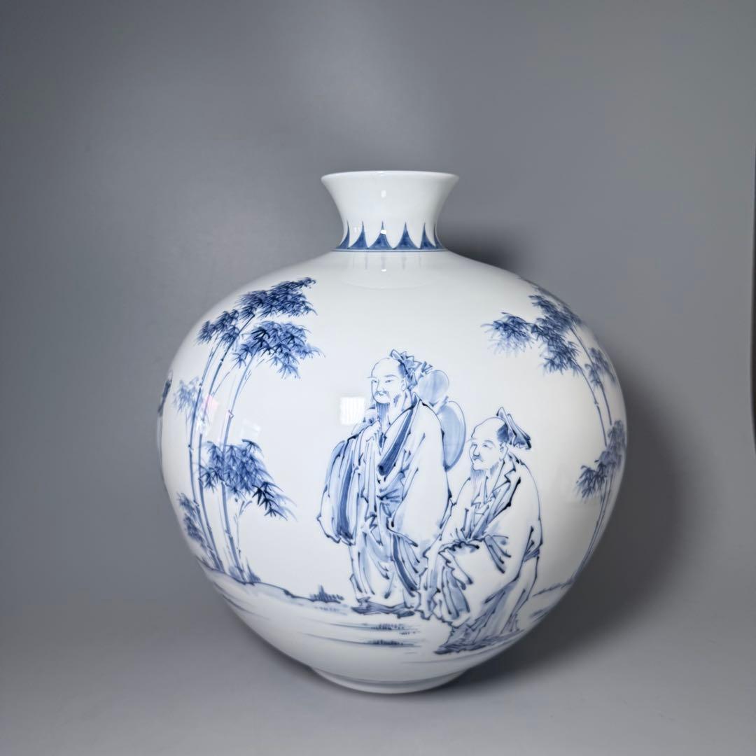 人間国宝　井上萬二　染付竹林賢人図花瓶　高32cm！　最高位大作　銘　萬二作