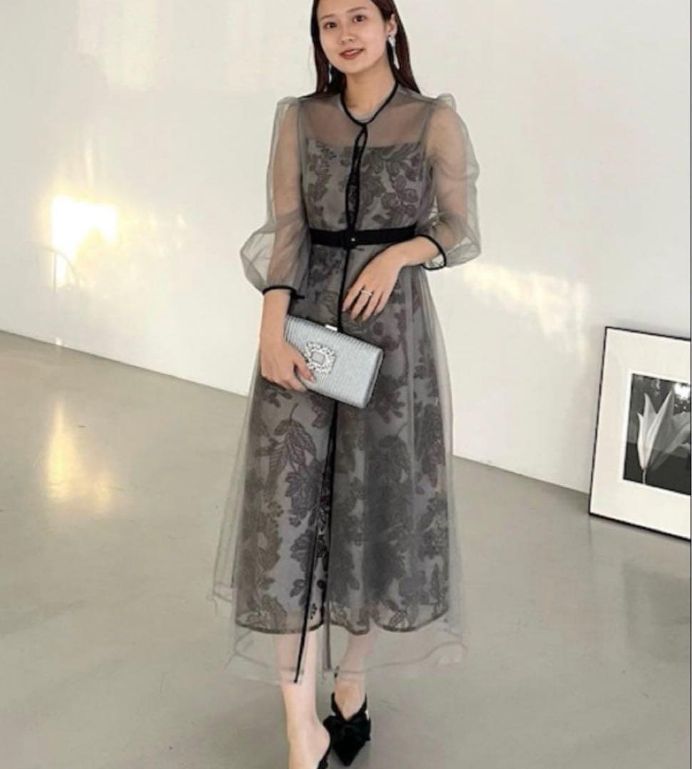 LEJA チュールパイピングリーフベルトAラインワンピースドレス