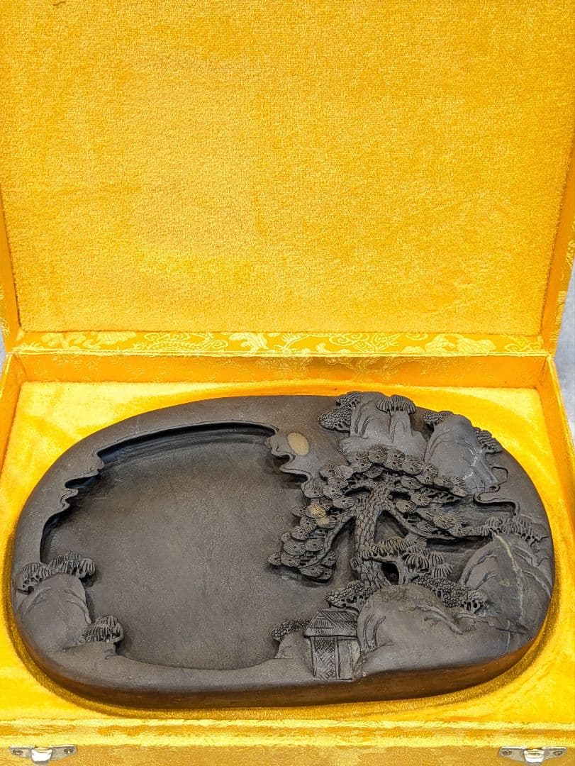 ❛ 中国硯 すずり 手彫り 端渓硯 天然石端渓石 松 習字 飾り