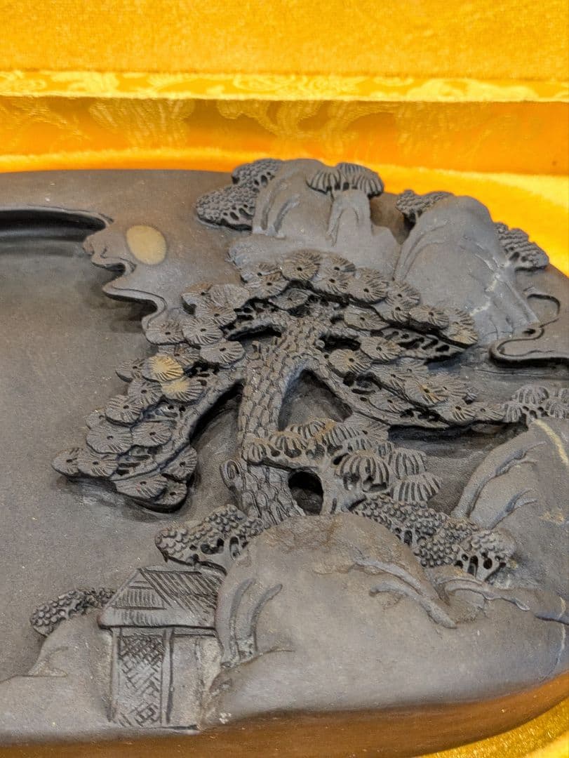 ❛ 中国硯 すずり 手彫り 端渓硯 天然石端渓石 松 習字 飾り