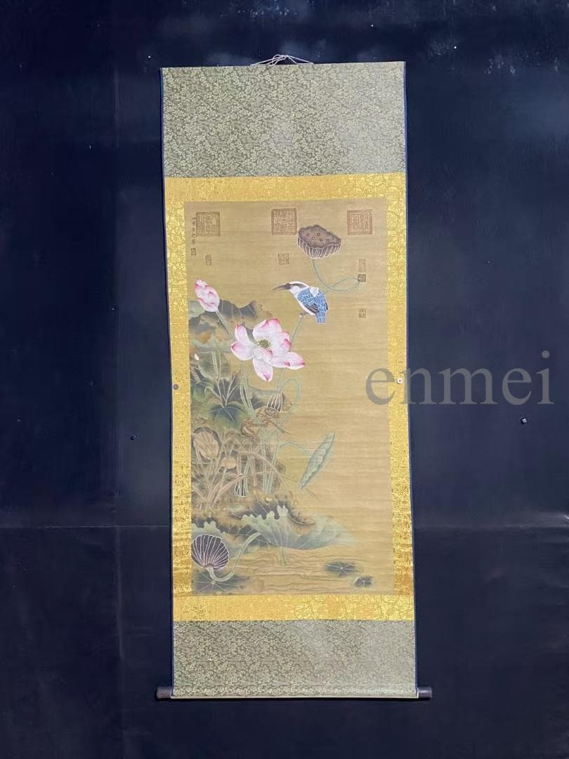 中国古美術・旧藏 明代風・吕紀款・花鳥図・四尺中堂掛軸・手描き・水墨手彩・宣紙