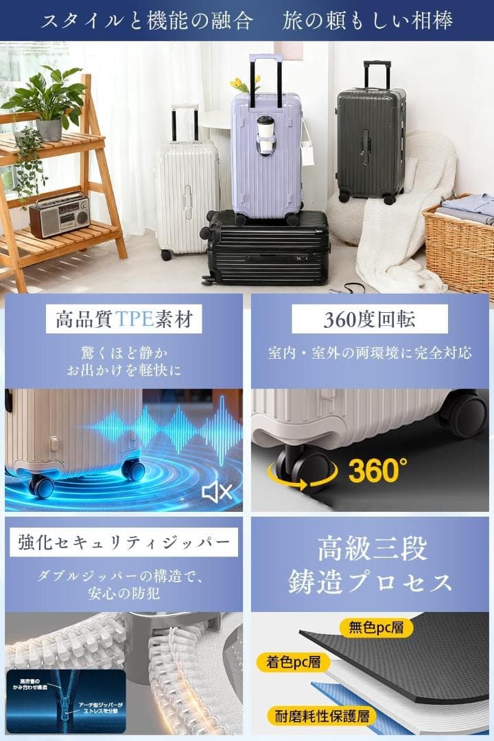 スーツケース Mサイズ 軽量 キャリーケース 多機能 キャリーバッグ 静音