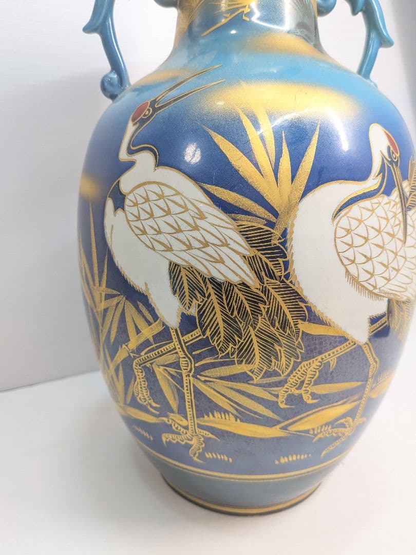 P646 九谷焼 玉浪 鶴松絵 花瓶 花器 金彩 青系 華道 茶道 インテリア