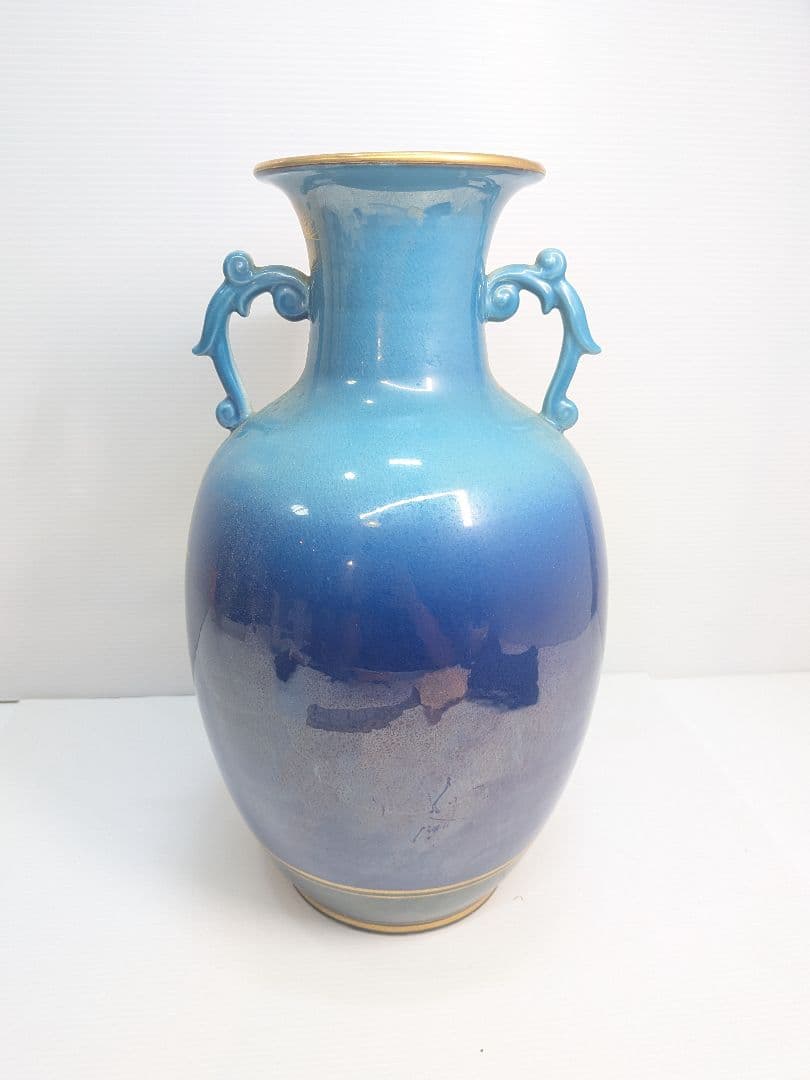 P646 九谷焼 玉浪 鶴松絵 花瓶 花器 金彩 青系 華道 茶道 インテリア