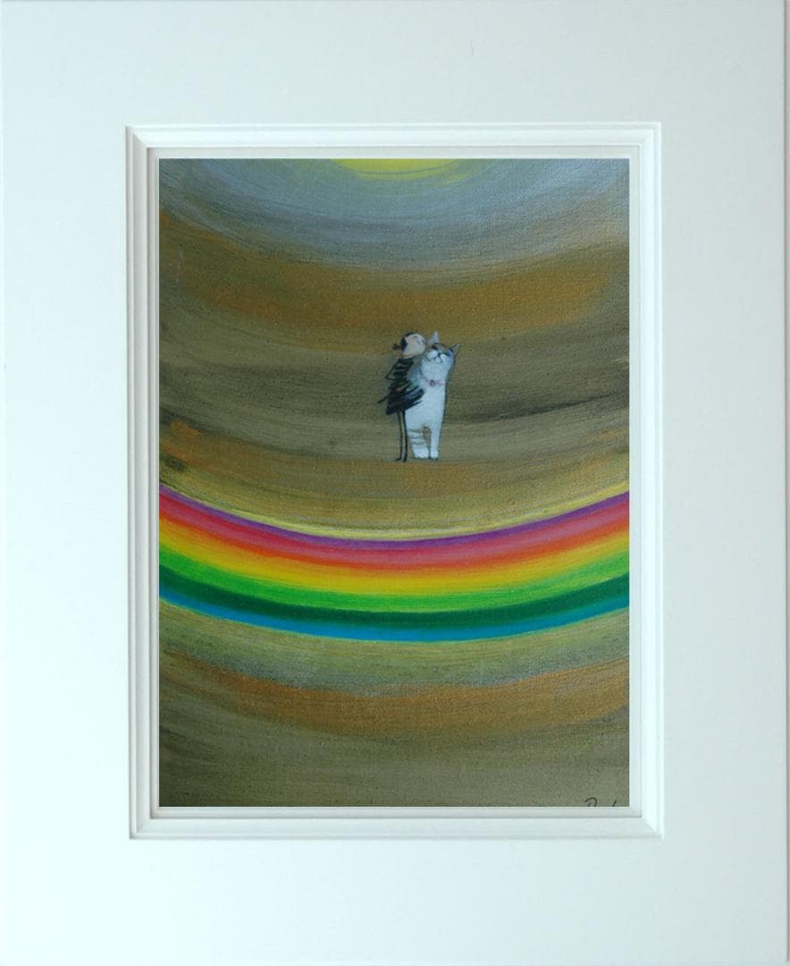 油絵 菅家令子絵 絵画インテリア額付(淡い銀青緑)F3-030919虹子猫犬女子
