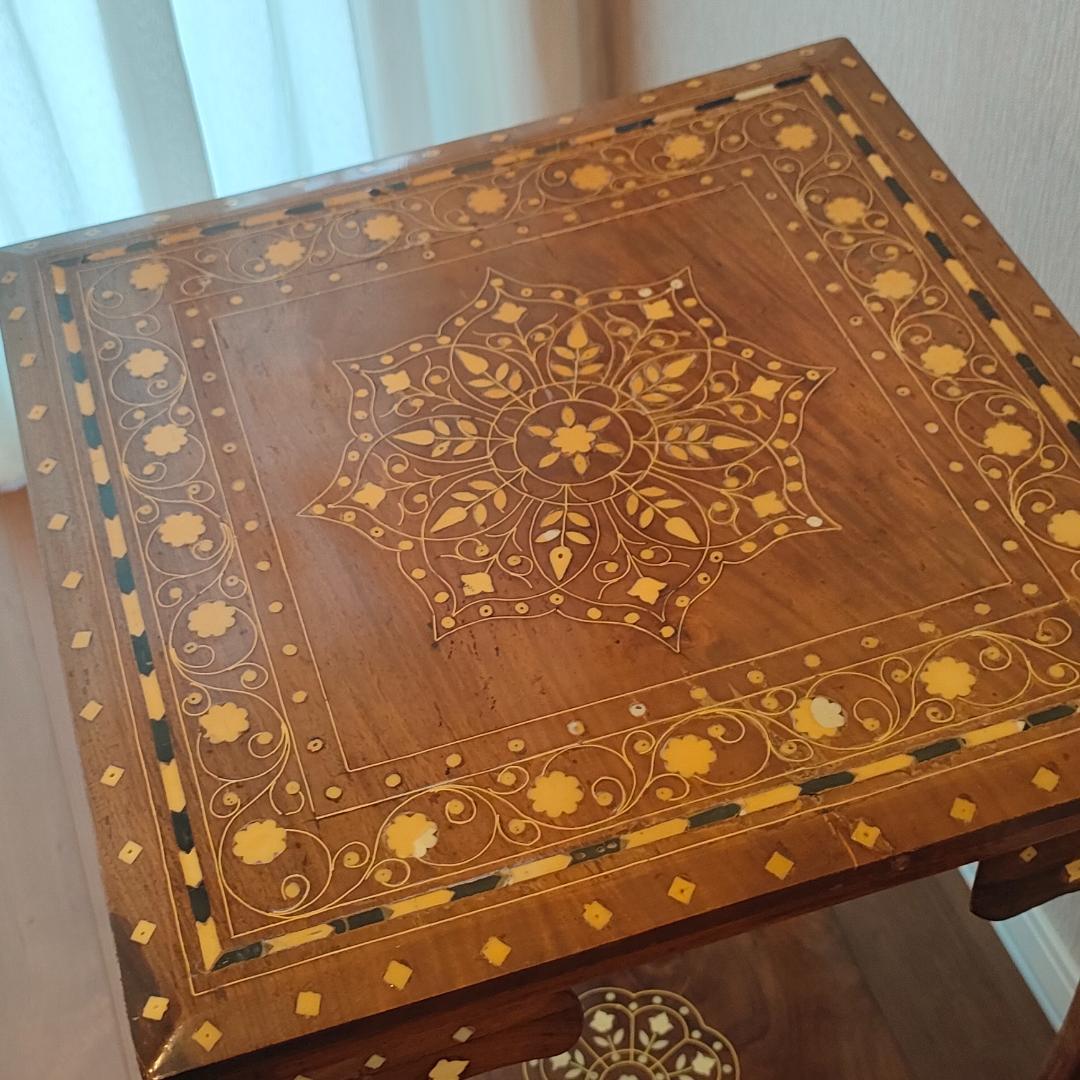 アンティーク　花台　象嵌　サイドテーブル　猫脚　棚付き