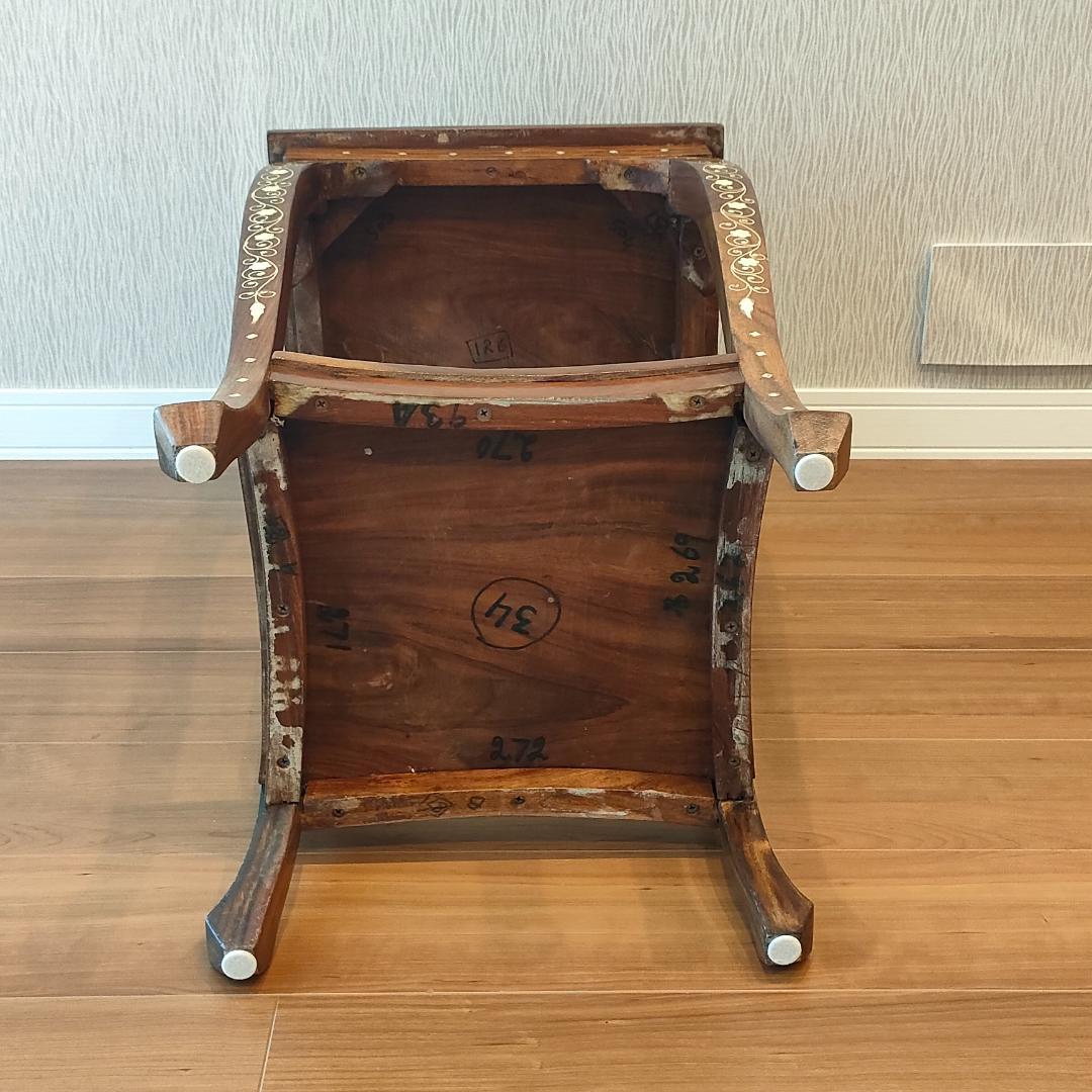 アンティーク　花台　象嵌　サイドテーブル　猫脚　棚付き