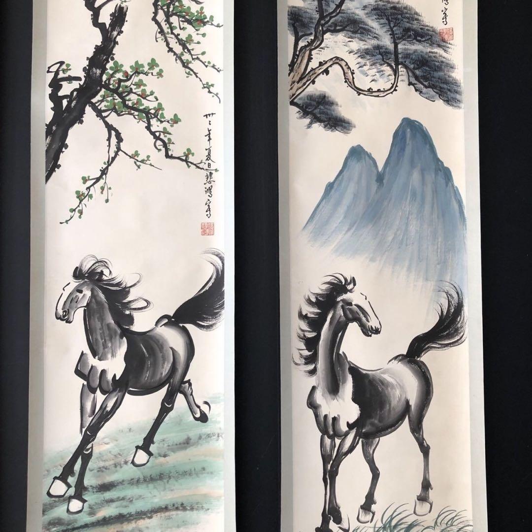 徐悲鴻 馬図 四条屏 純手描き 水墨画 表装済み（4枚セット）