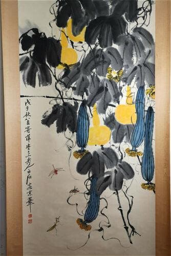 古董品 掛軸 唐物 唐本  【齊白石 】 紙本 肉筆 文房書画