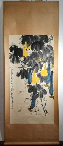 古董品 掛軸 唐物 唐本  【齊白石 】 紙本 肉筆 文房書画