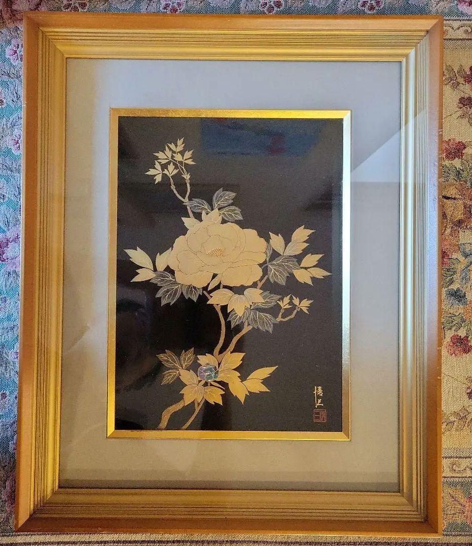 輪島塗 沈金 牡丹の花の絵画