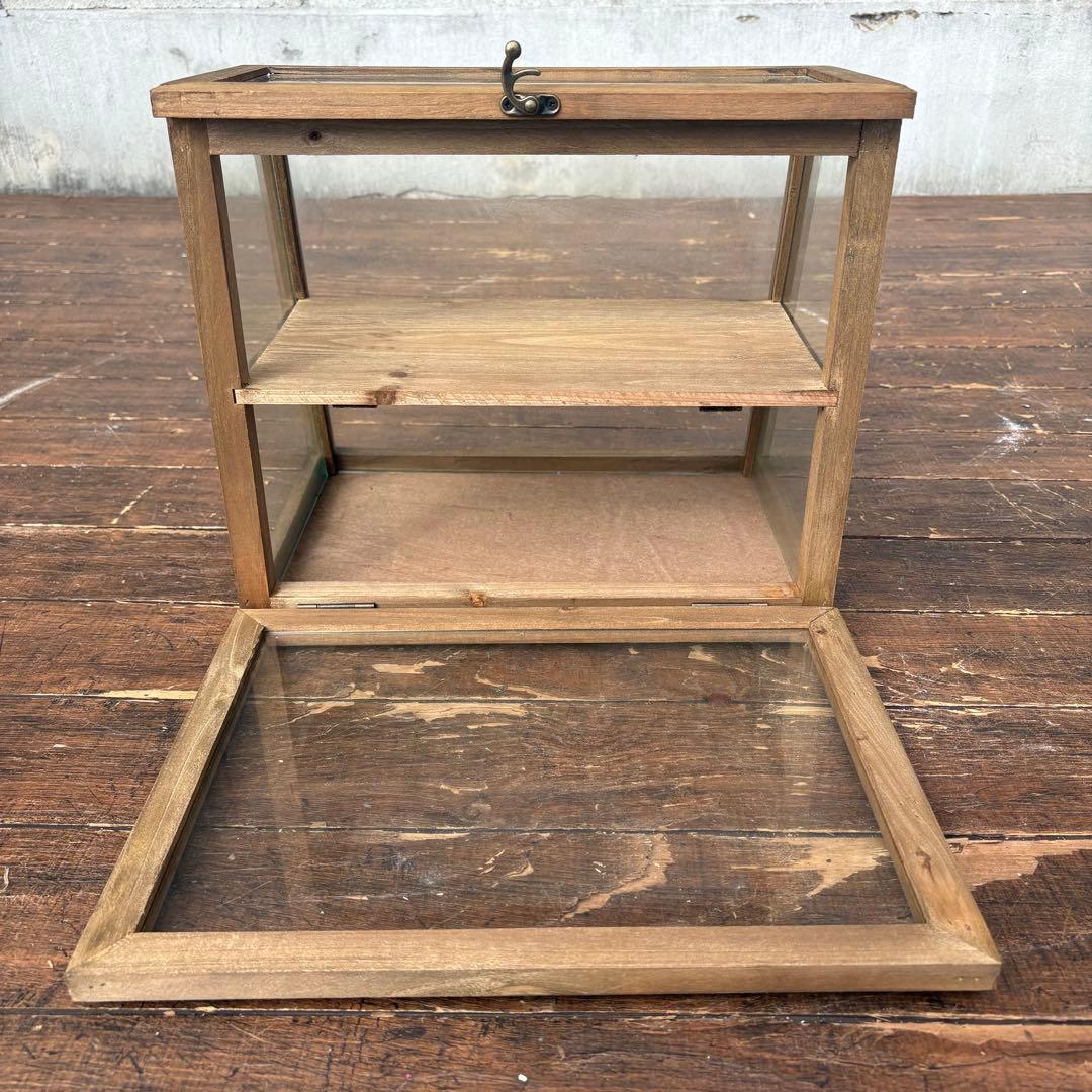 C4 北欧レトロ 木製 ガラスショーケース 扉 2段 ディスプレイラック 飾り棚