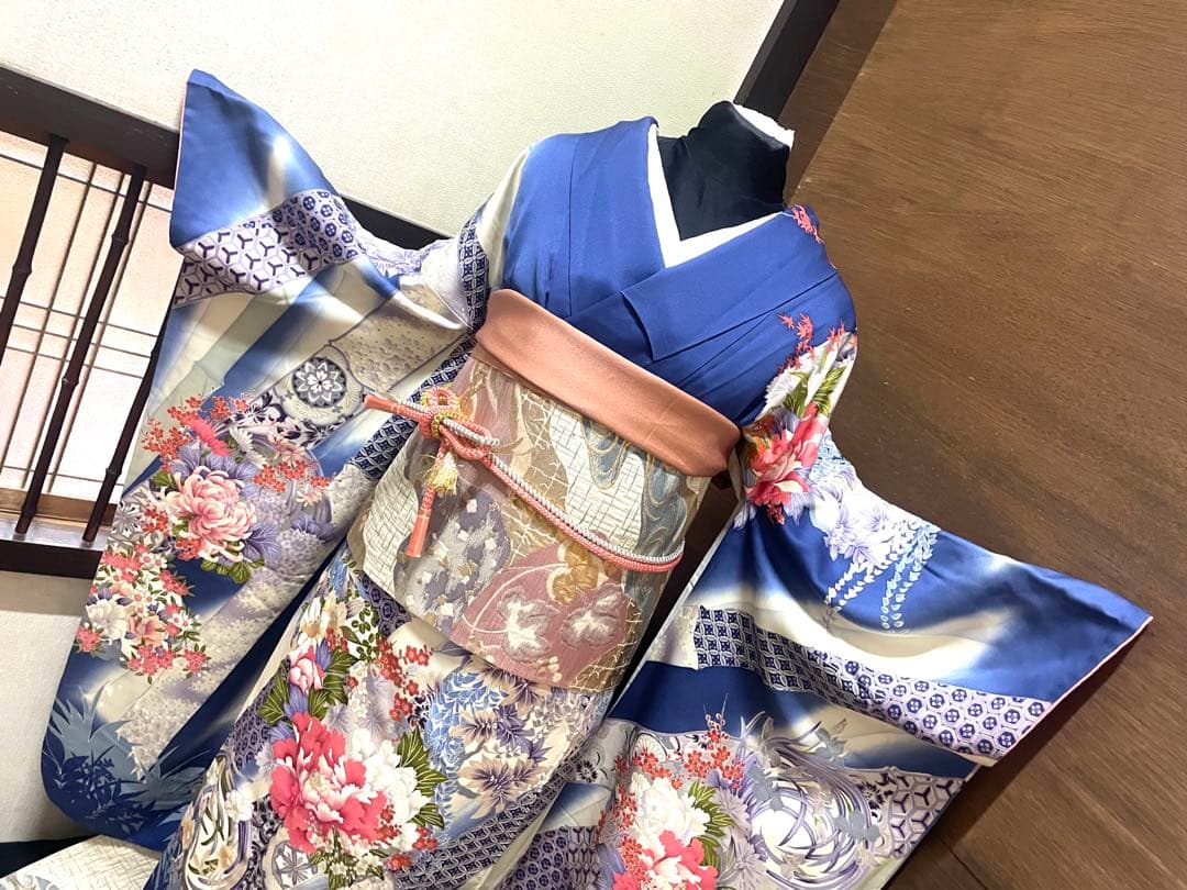 振袖フルセット6点サイズM〜Ｌ花丸文　暈し染め　銀彩　正絹