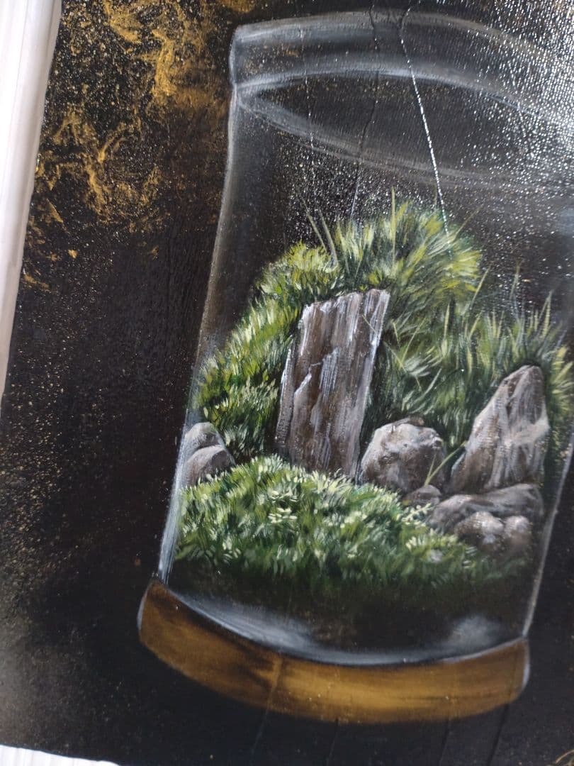 テラリウムの油絵【威厳】1点物の原画アート/作者サイン入り/F3号キャンバス