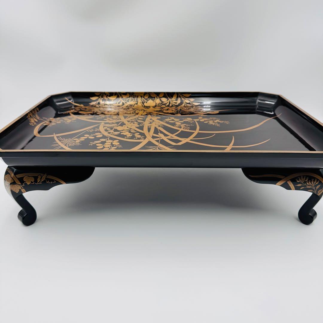 【長野横笛　黒箪花蒔絵香盆　膳　卓】漆芸　木箱　伝統工芸　明治　京漆器　秋草