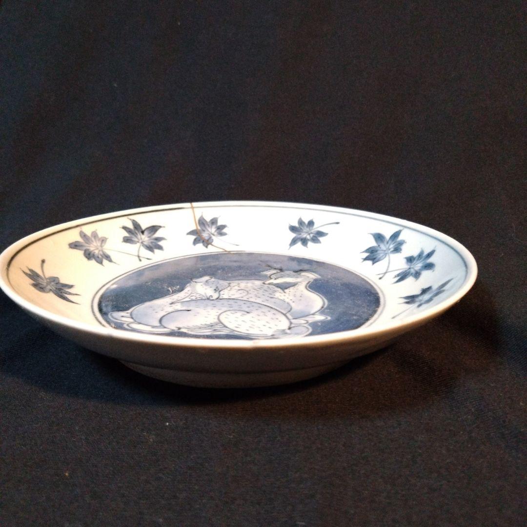 古伊万里染付鹿紅葉文皿