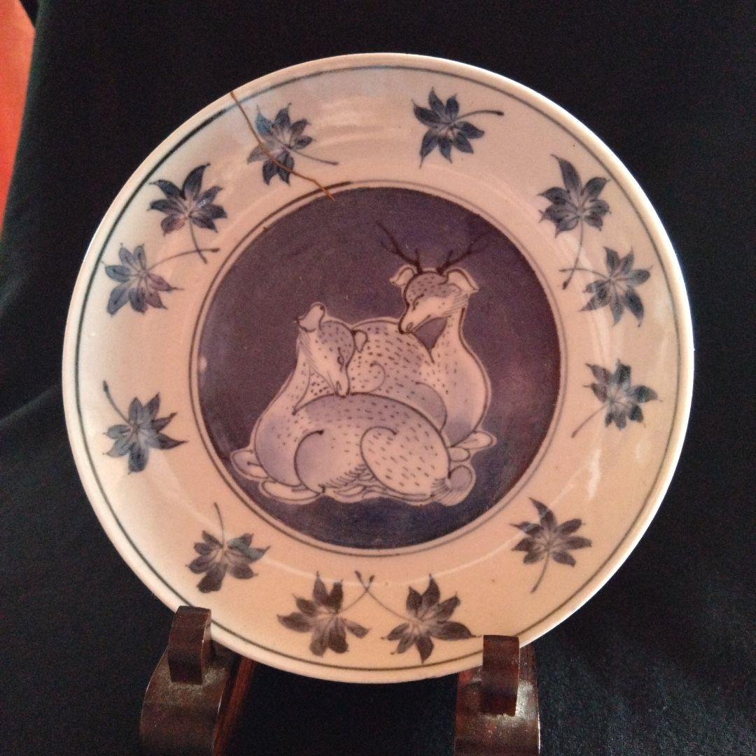 古伊万里染付鹿紅葉文皿