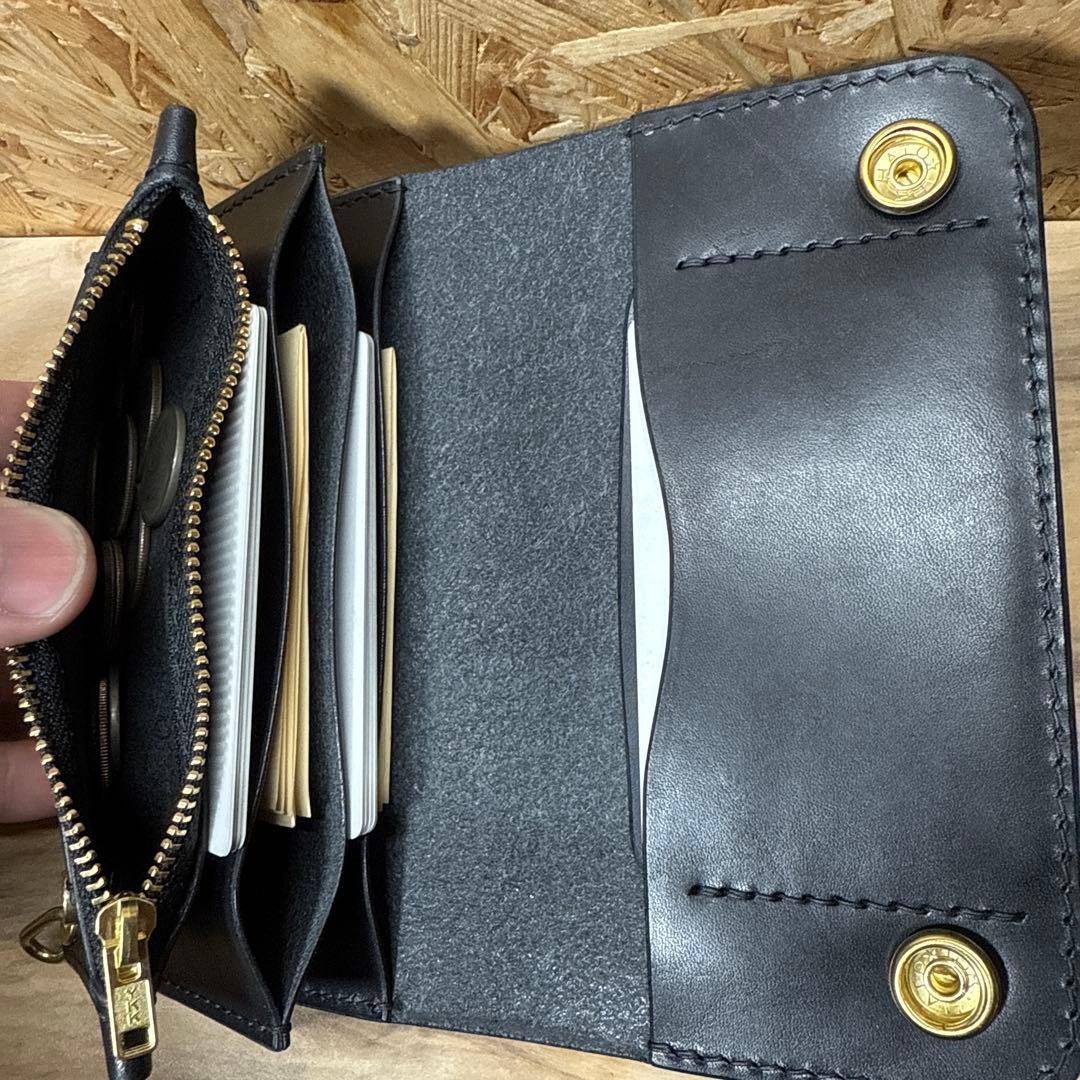 150 カスタム ミドル トラッカーウォレット 姫路レザー オイルヌメ 真鍮 黒