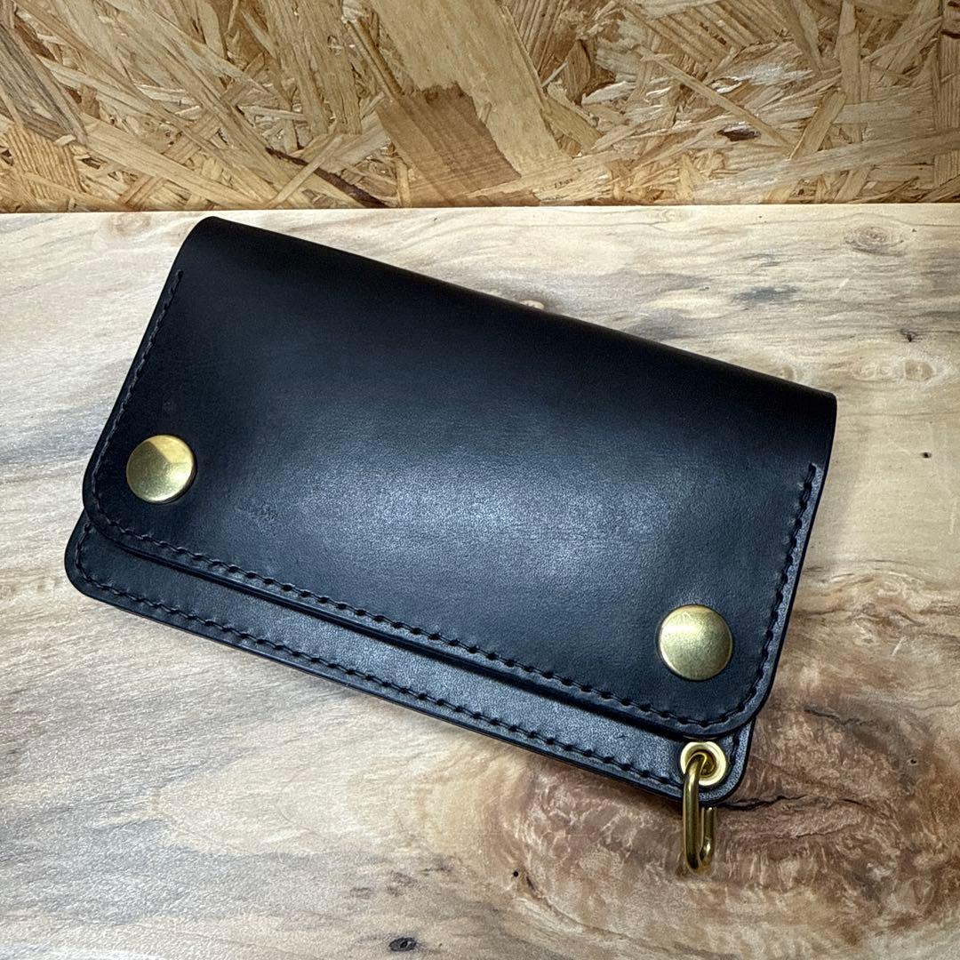 150 カスタム ミドル トラッカーウォレット 姫路レザー オイルヌメ 真鍮 黒