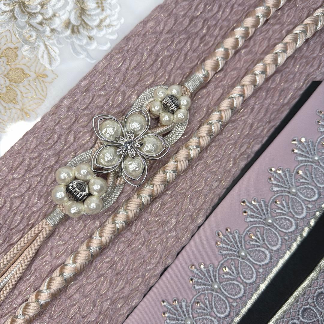 新品　振袖用　2027年モデル　帯締め　帯揚げ　半襟　重ね襟　くすみピンク